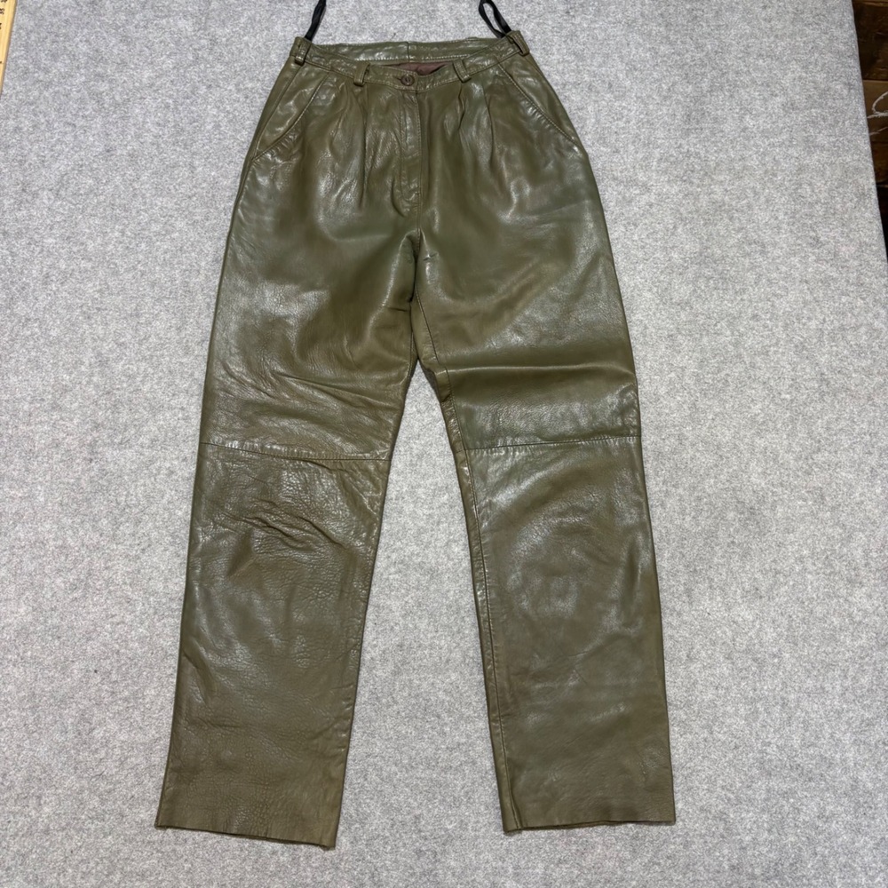 Vintage Golden Hide Olive Green Leather Pants High Waisted Straight Leg Size 6